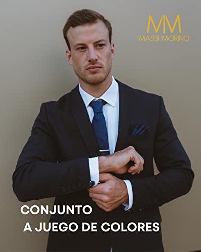 Detalle de Massi Morino Set 5 en 1: Corbata Azul de Cuadros con Pañuelo y Accesorios para Hombre (Regalo de Boda)