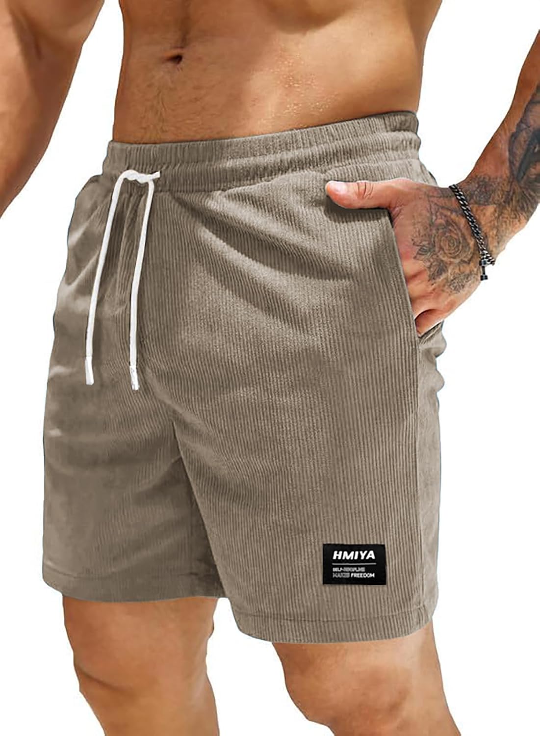 Detalle de HMIYA Corduroy Shorts Herren – Sommerfreizeit mit elastischem Bund, zwei Fronttaschen und Baumwoll-Cord