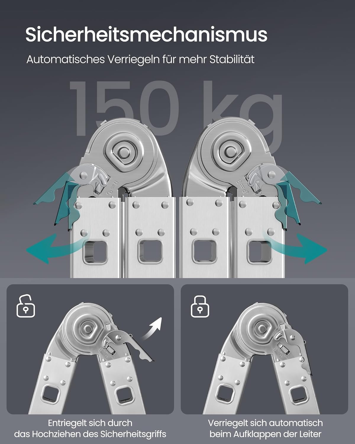 Thumbnail 2 de SONGMICS GLT046E01 Mehrzweckleiter aus Aluminium (4 x 4 Stufen, bis 150 kg, 16 Stufen, 6 Positionen, 430 cm, silbern)