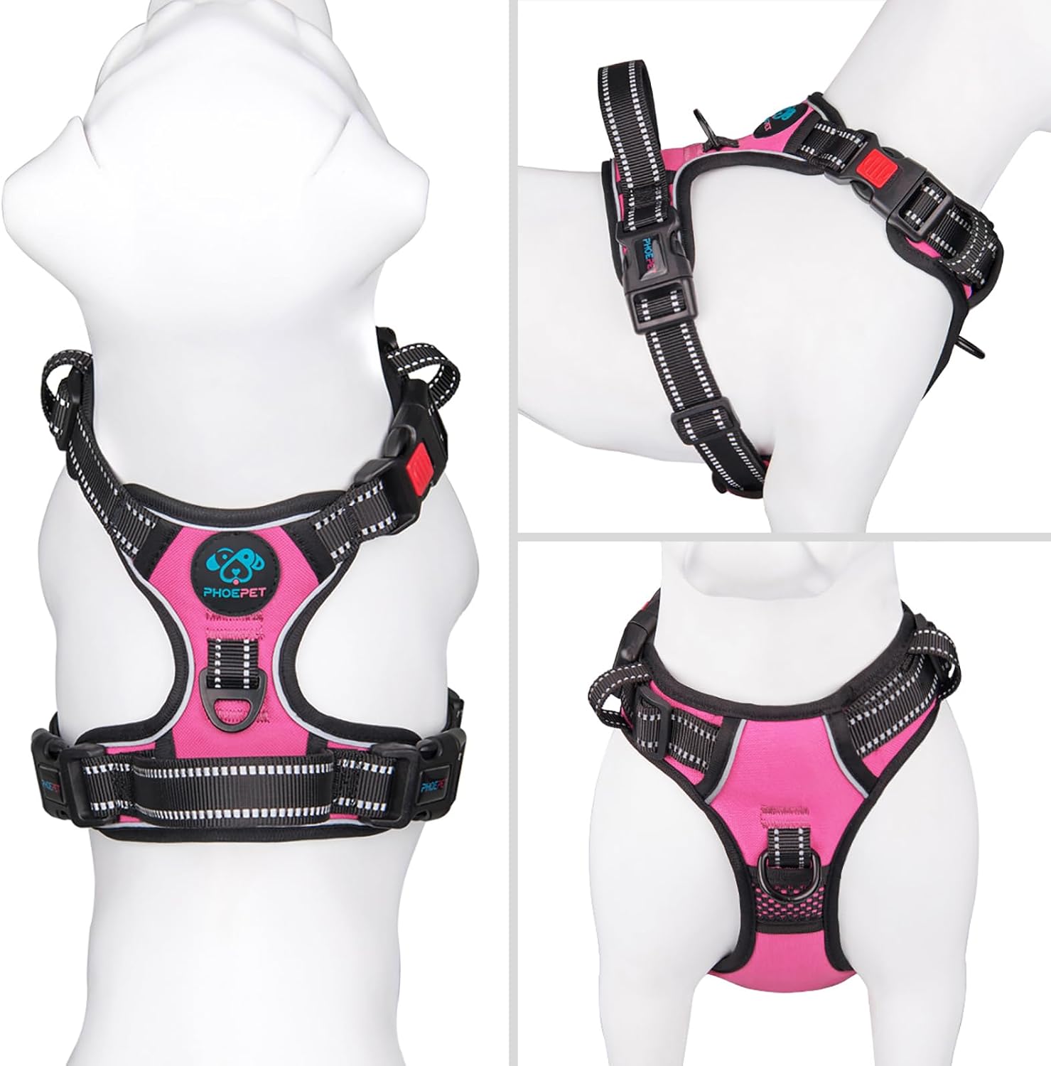Detalle de PHOEPET No Pull Dog Harness with Reflective Strips – Adjustable Vest Harness for Daily Walking (Pink, M)