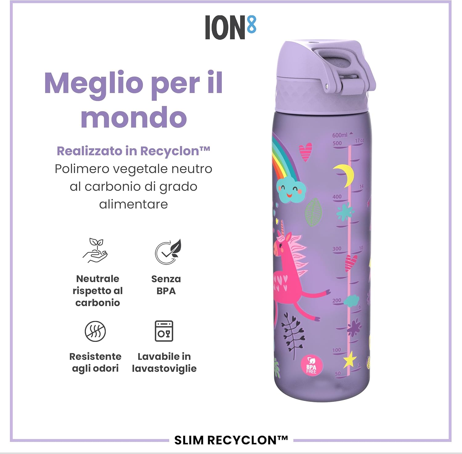 Detalle de Ion8 Borraccia a Prova di Perdite 500 ml – Unicorni viola, lavabile in lavastoviglie, BPA-free