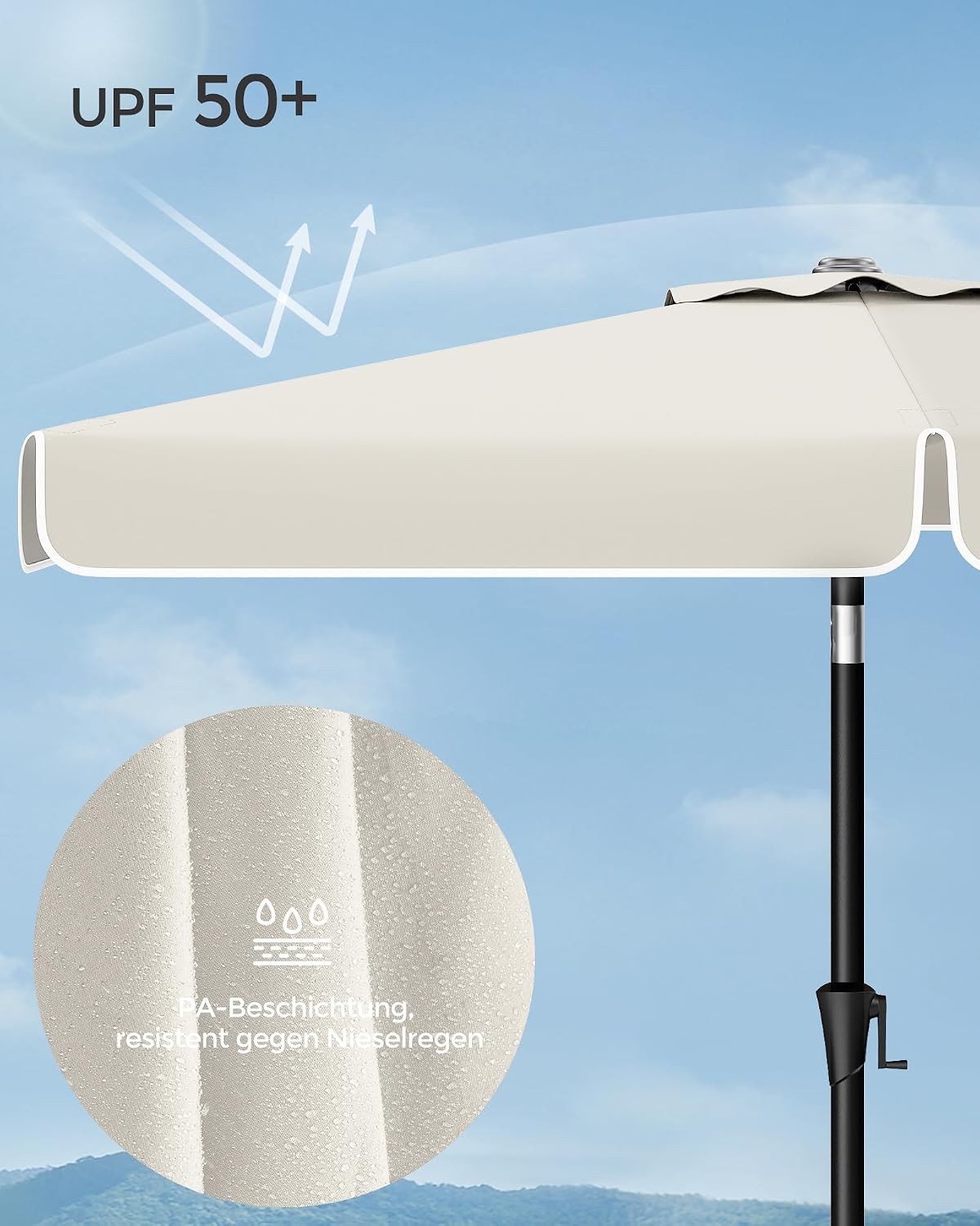 Detalle de SONGMICS Sonnenschirm 300 x 200 cm (rechteckiger Balkonschirm) UPF 50+, 30° neigbar, beige GPU058M01