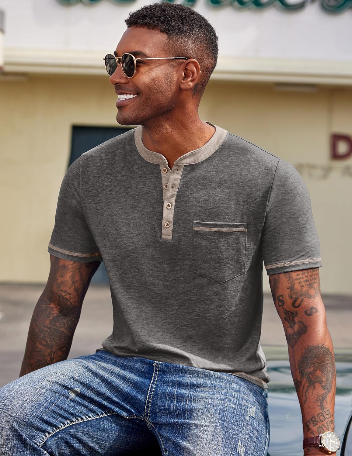 Thumbnail 2 de COOFANDY Henley Shirt Herren Kurzarm – Sommer T-Shirt mit Tasche, V-Ausschnitt