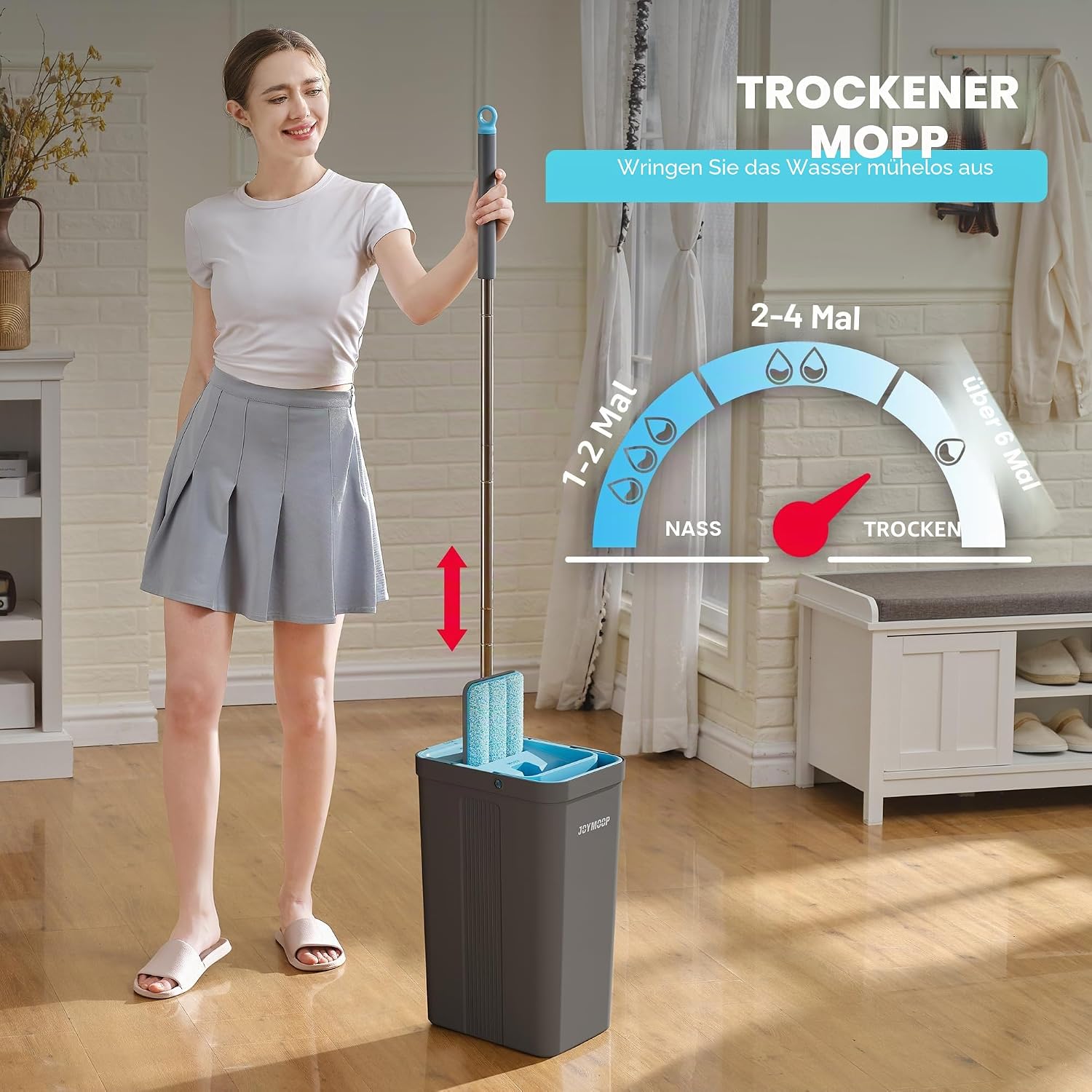 Detalle de JOYMOOP Wischmopp-Set mit Auswringer – Eimer, 360°-Wischkopf, ausziehbarer Griff & 6 Mikrofaser-Pads (Grau/Cyan)