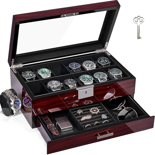 Imagen de ANWBROAD 12 Slots Watch Box for Men – 2-Tier Wooden Case with Lockable Glass Lid en OfertitasTOP