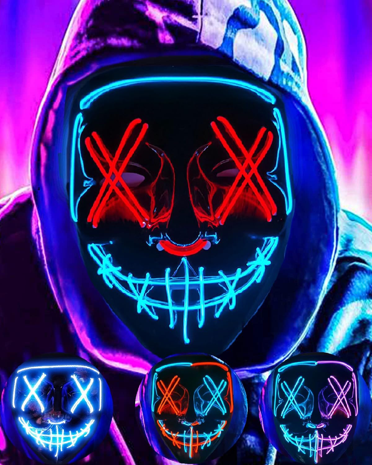 Detalle de DWTECH LED Halloween Mask, Ice Blue and Pink, 3 Light Modes