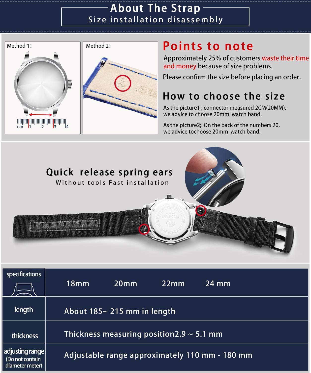 Thumbnail 6 de BINLUN Canvas & Leather Hybrid Watch Strap for Men — Quick Release 18mm/20mm/22mm/24mm