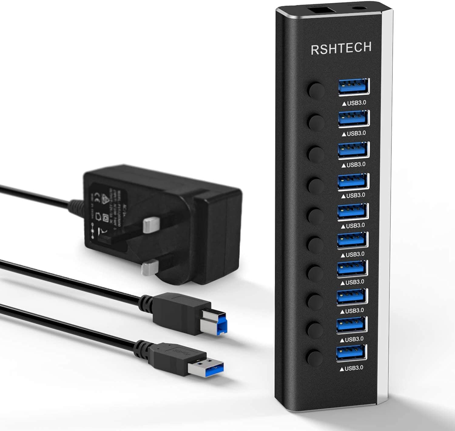 Detalle de RSHTECH RSH-A10 10‑port USB 3.0 Hub 36W