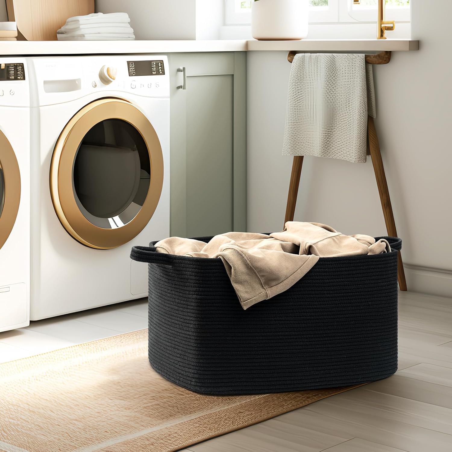 Detalle 1 de Goodpick woven-Lsquare blackGoodpick Cotton Rope Laundry Basket, Black, 65 L