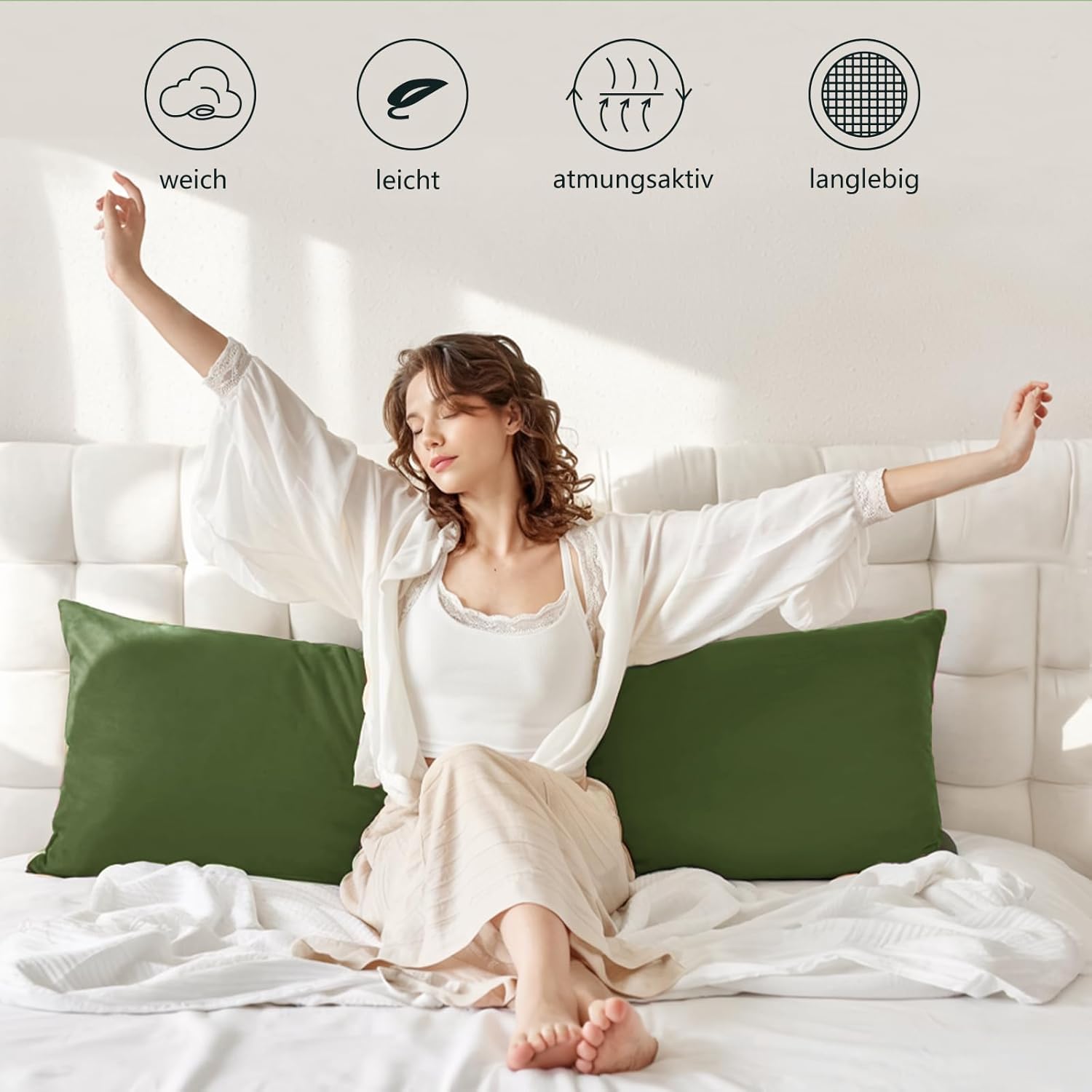 Thumbnail 5 de RUIKASI Kissenbezug 40x145 Olivgrün im 2er-Set – Mikrofaser mit Reißverschluss