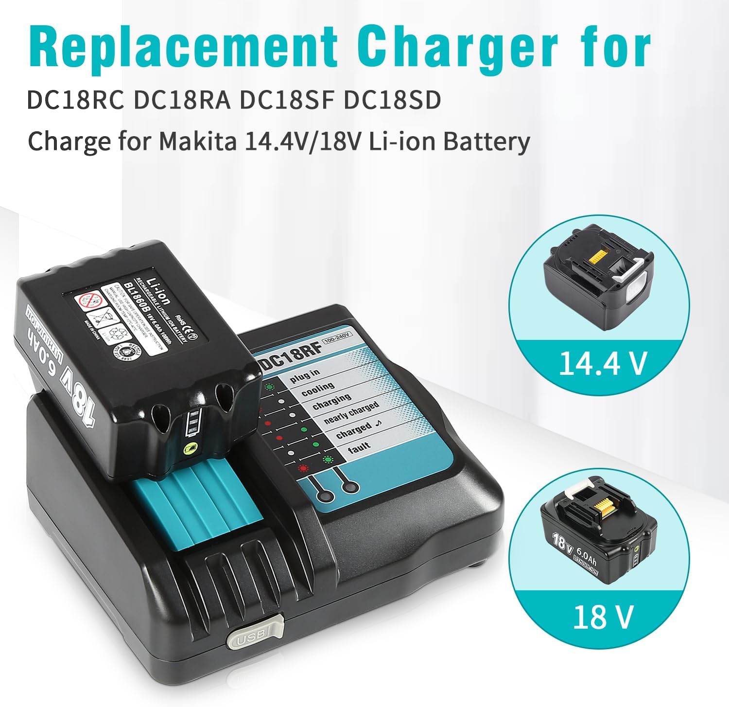 Detalle de DC18RF Ladegerät-Set mit 18V 5.0Ah Akku und LED-Ladeanzeige für Makita BL1860B/BL1850/BL1840
