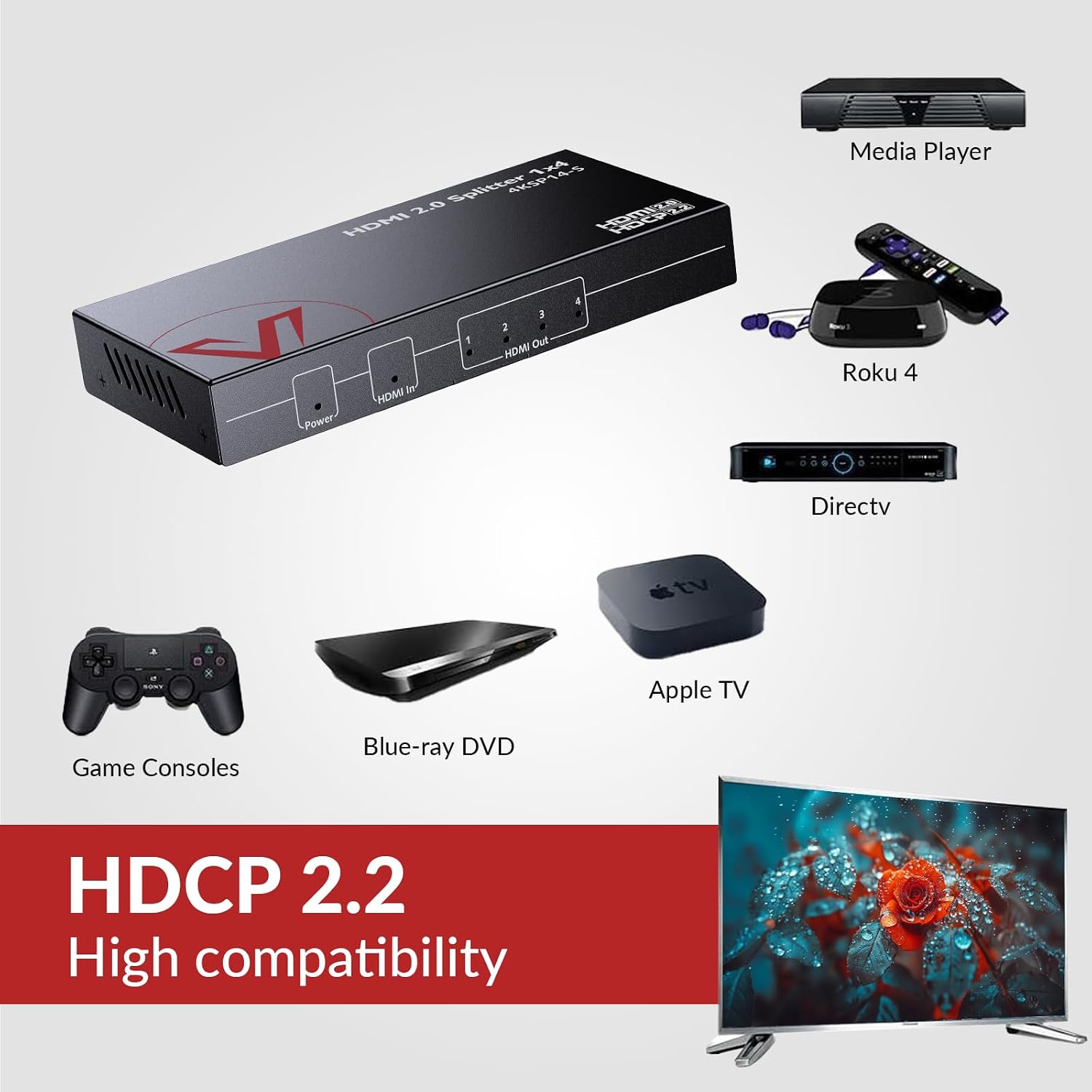Detalle de AV Access 1x4 HDMI Splitter: 4K@60Hz distribution with auto downscaling and HDR/HD audio support