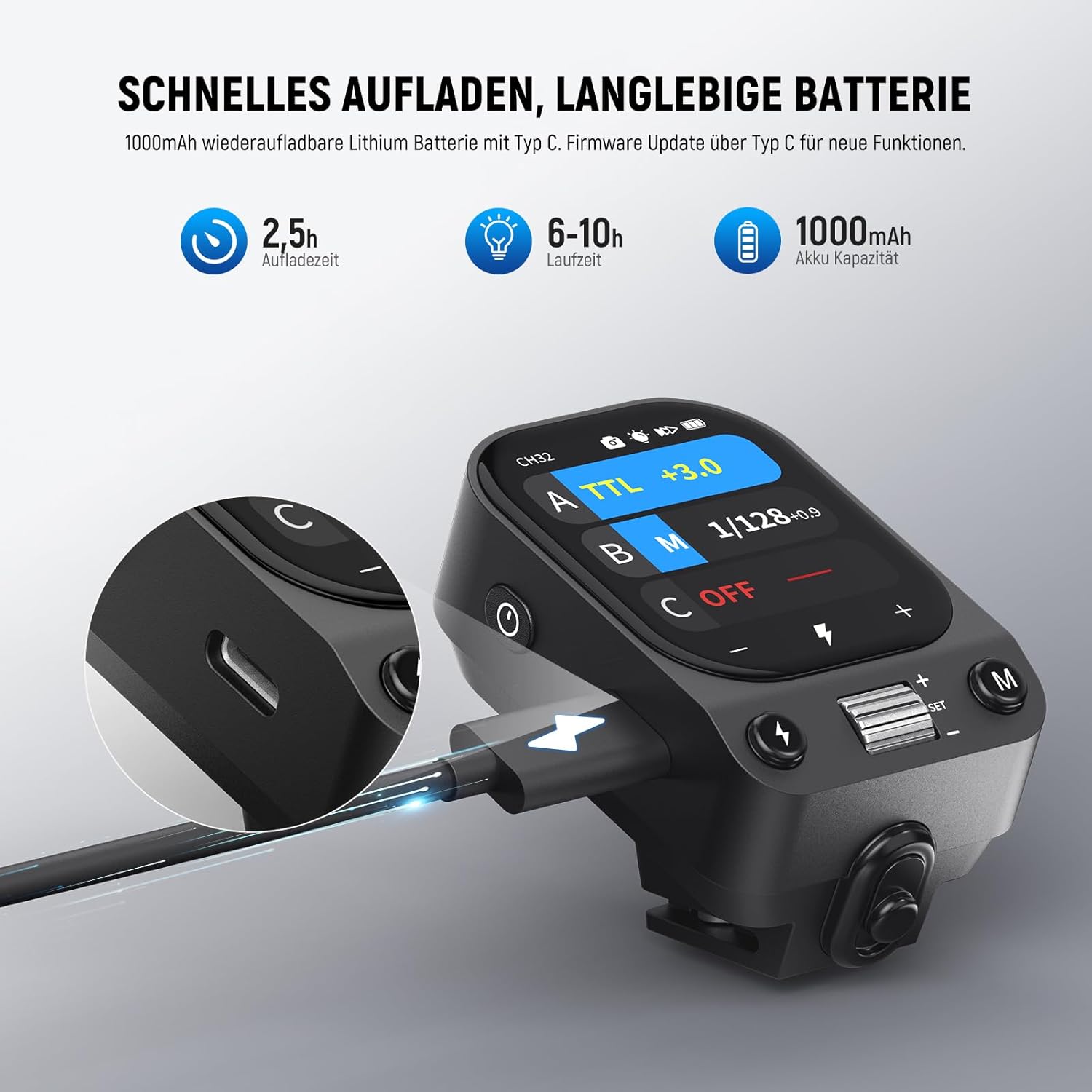 Detalle de NEEWER QZ-F TTL Funk-Blitzauslöser für Fujifilm Kameras – OLED Touch, HSS 1/8000s, 1000mAh Akku