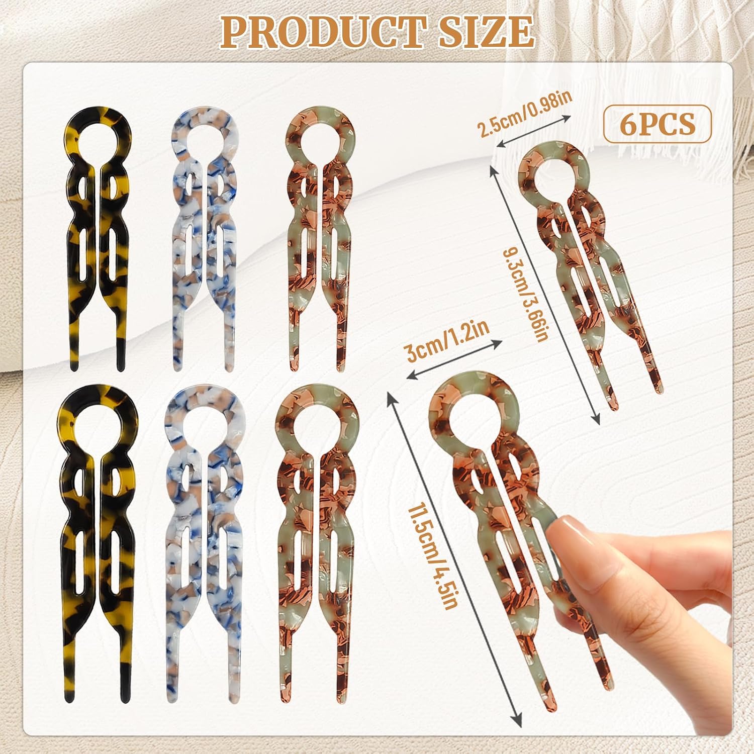 Detalle 2 de Set Aucuu da 6 forcine per capelli (metallo e tartaruga) per chignon, updo e twist