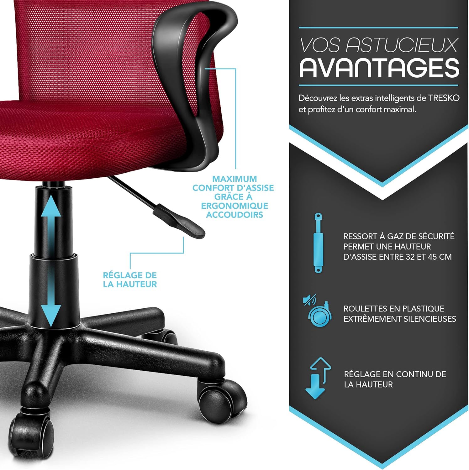 Thumbnail 3 de TRESKO Chaise fauteuil de bureau ergonomique avec accoudoirs et dossier respirant, hauteur d’assise ajustable 32 à 45 cm