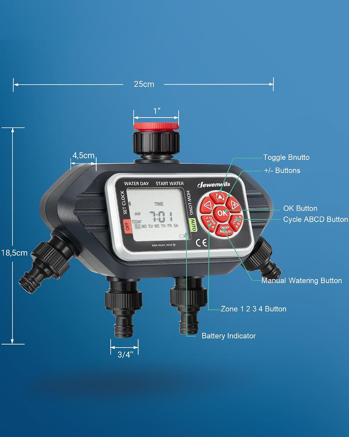 Detalle de DEWENWILS Programmateur Arrosage 4 Voies – 4 programmes indépendants par zone (IP54)