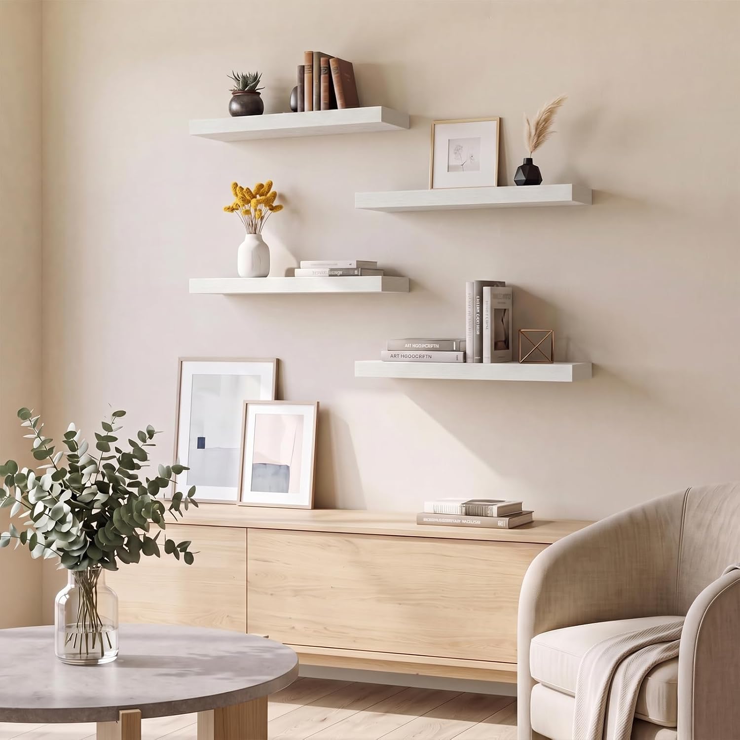 Detalle 2 de Fixwal White Floating Wall Shelves (Set of 4) with Invisible Brackets, 15.8in Rustic Wood Finish