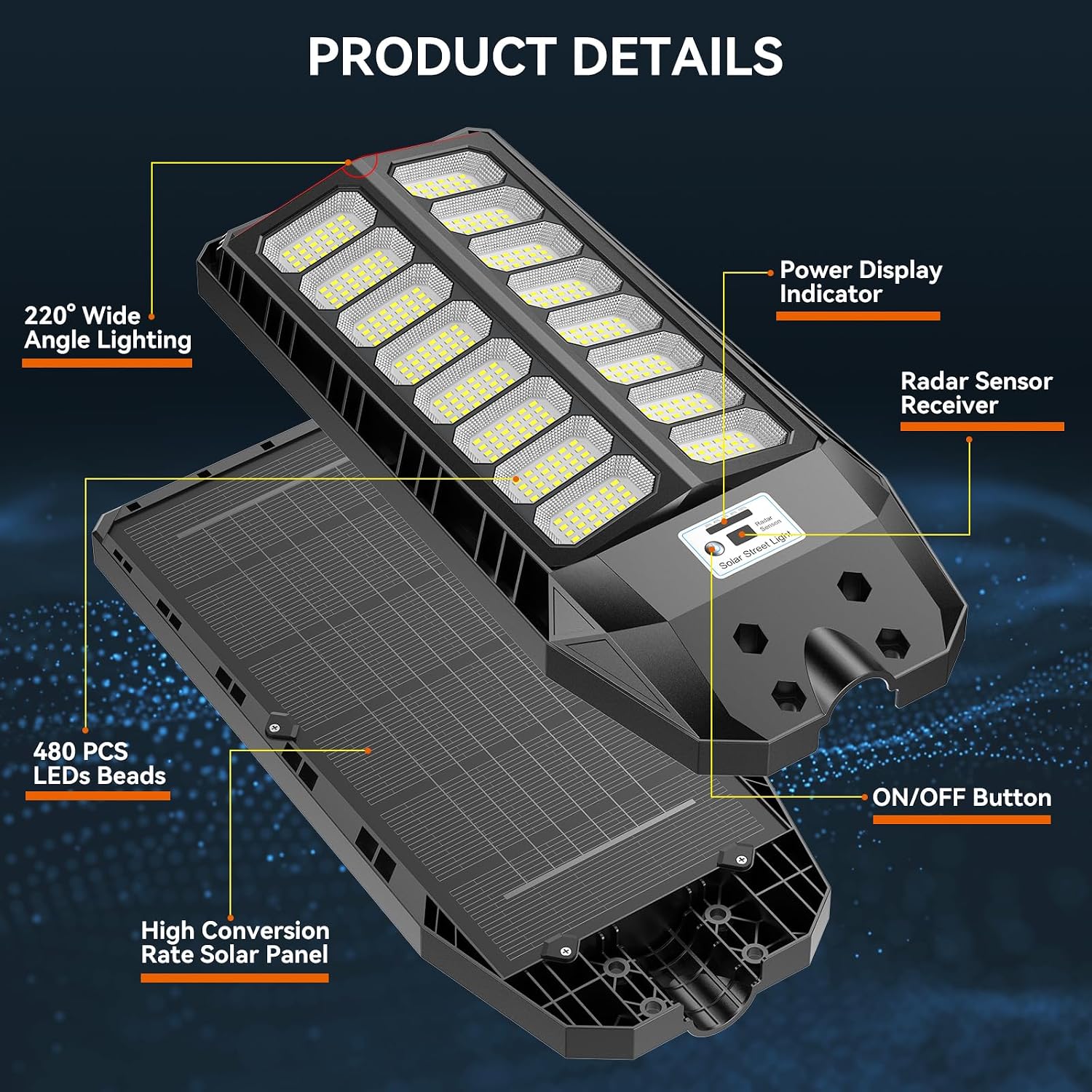 Detalle 2 de JADIDIS 800W Lampione solare con telecomando: luce LED ad alte prestazioni per esterni