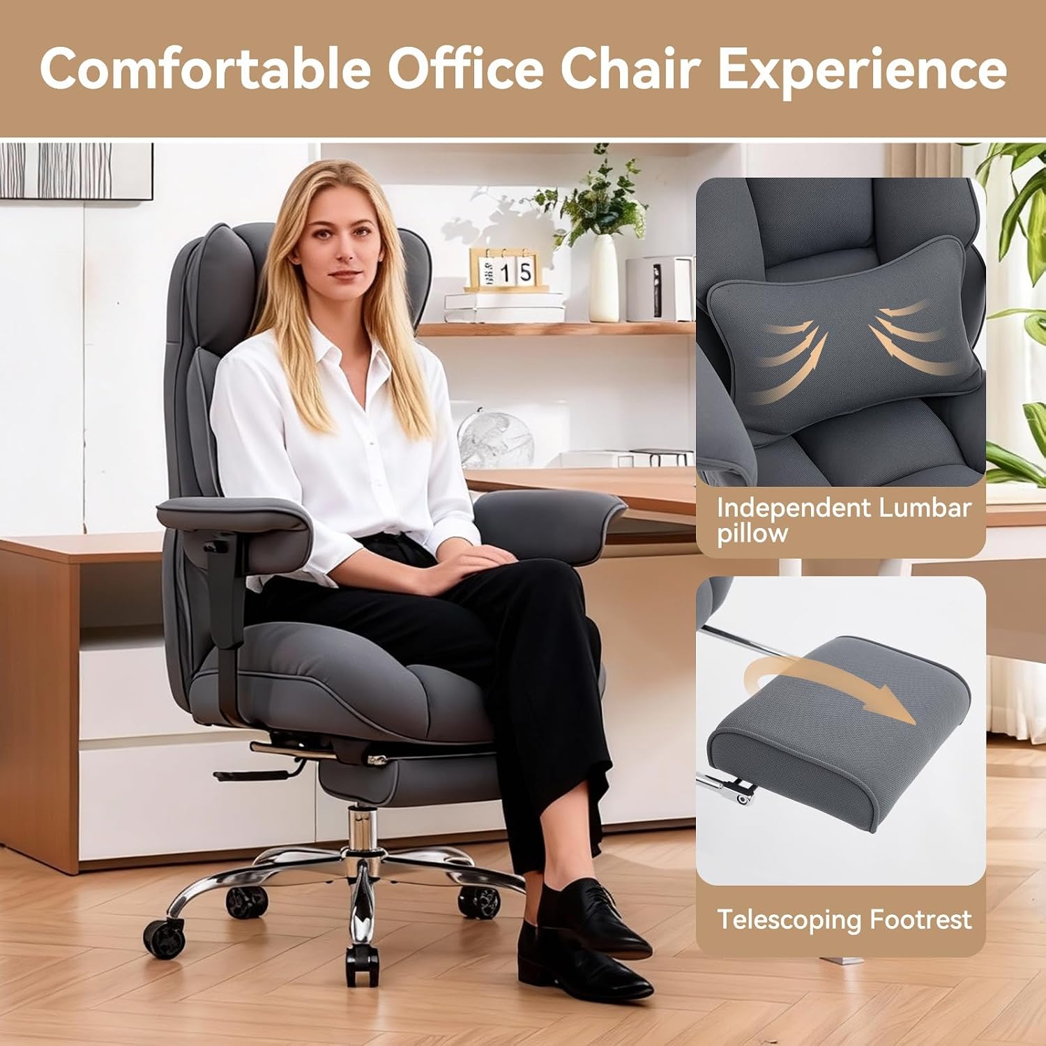 Thumbnail 5 de Efomao 3084f Big & Tall Office Chair, Beige Mesh with Footrest
