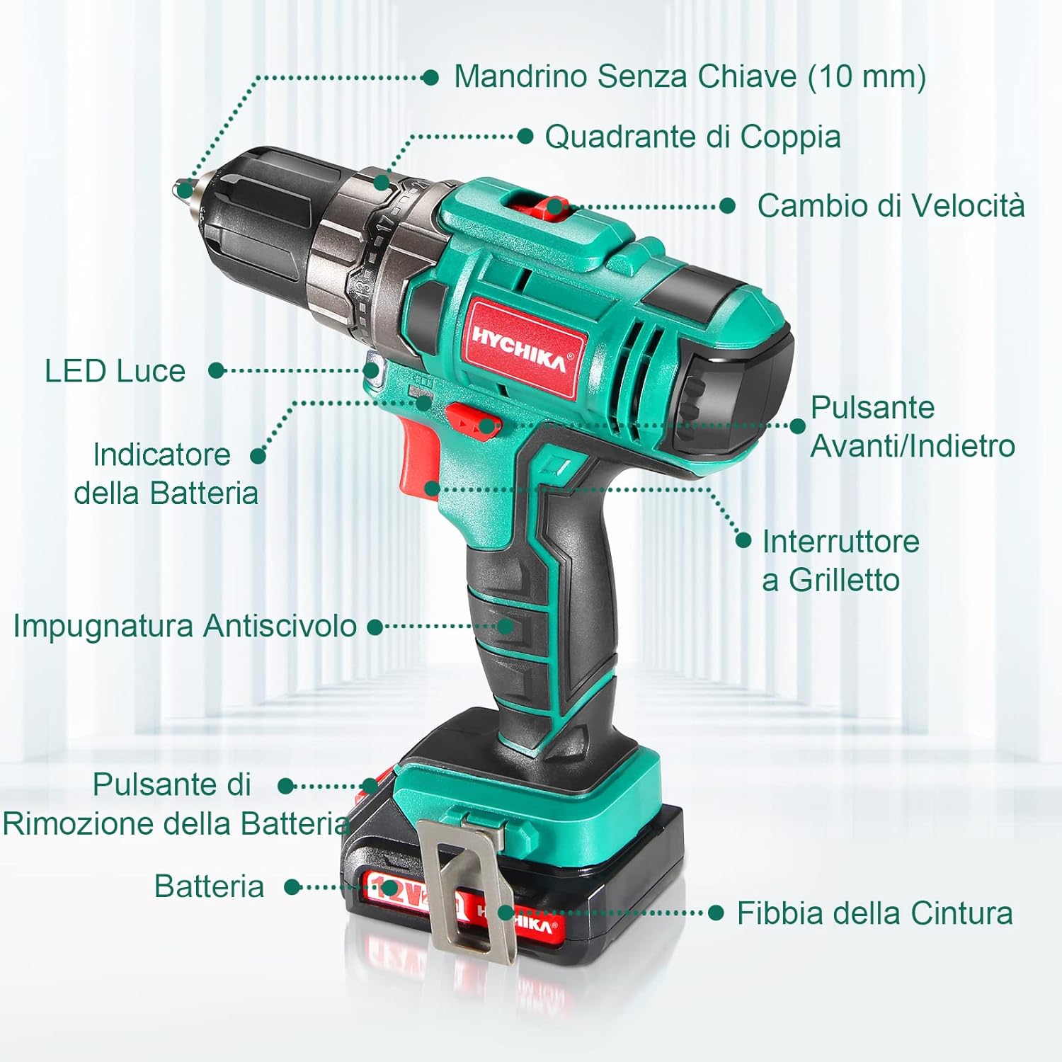 Detalle 2 de HYCHIKA Trapano Avvitatore 12V 30 Nm, 21+1 coppie, 26 accessori đź›