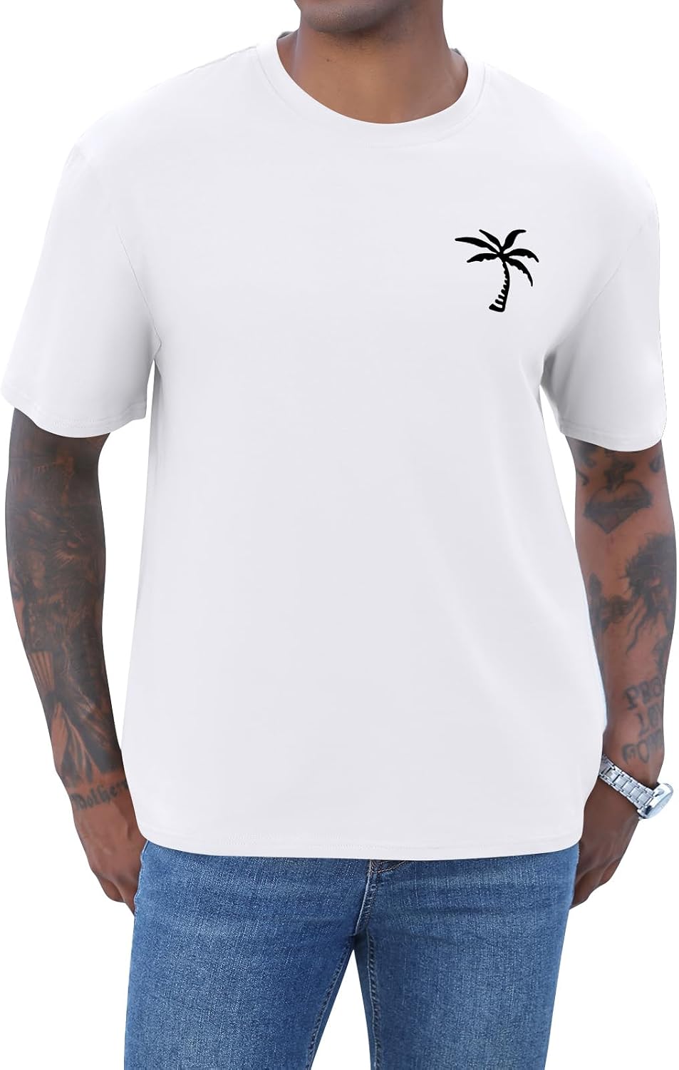 Detalle de iudam Herren Kurzarm T-Shirt mit Palmenprint – Sommer-Top aus Baumwollmischung