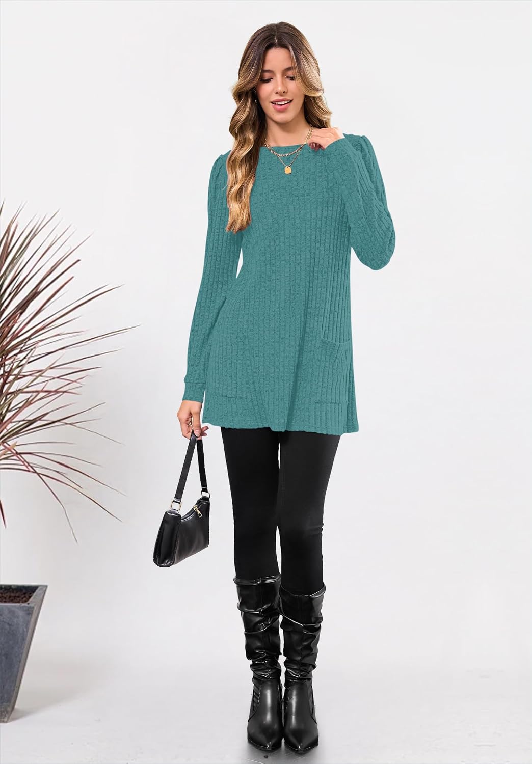 Detalle 1 de WNEEDU Women's Sweater Tunic Dress, Long Sleeves, Pockets and Vertical Stripes