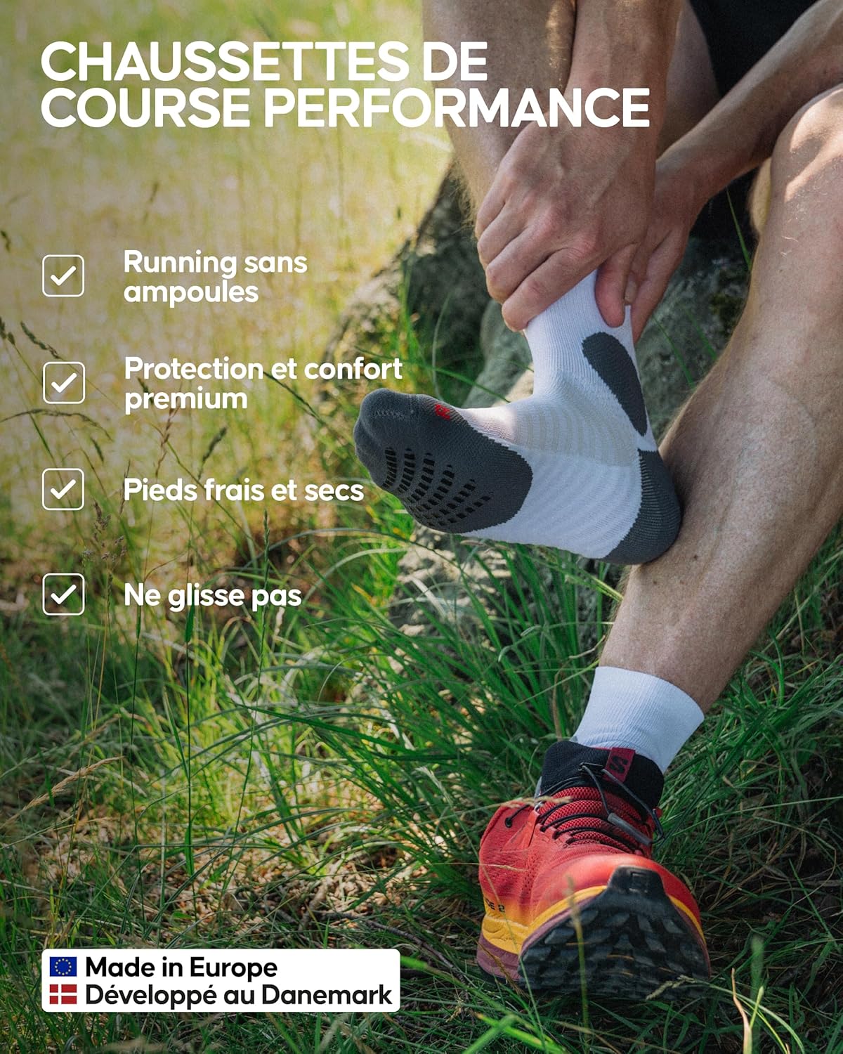 Detalle de Danish Endurance Chaussettes de course anti-dérapantes avec support cheville (2 paires)