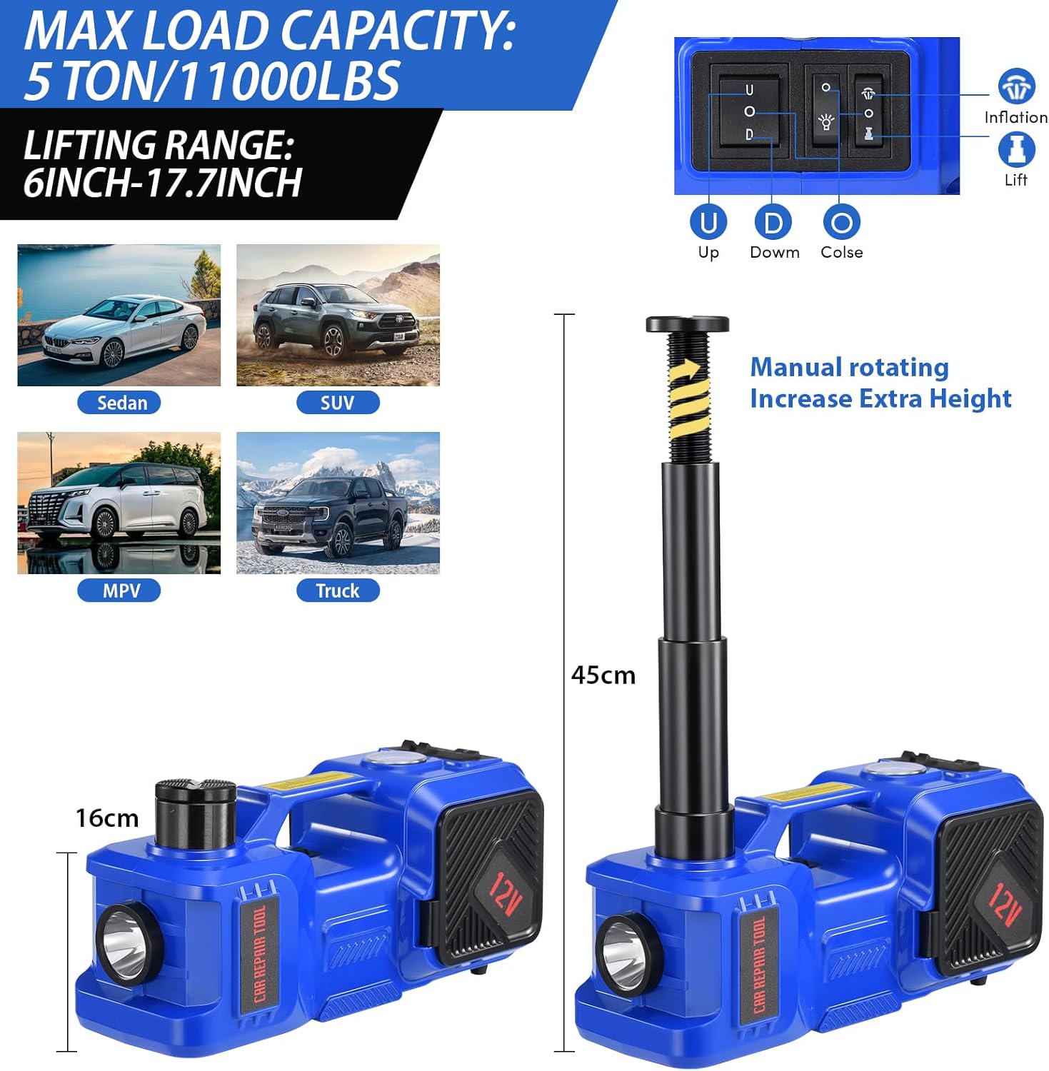 Thumbnail 1 de Electric Car Jack Kit 5 Ton 12V Electric Hydraulic Floor Jack with Built-in Inflator & Impact Wrench (Blue)