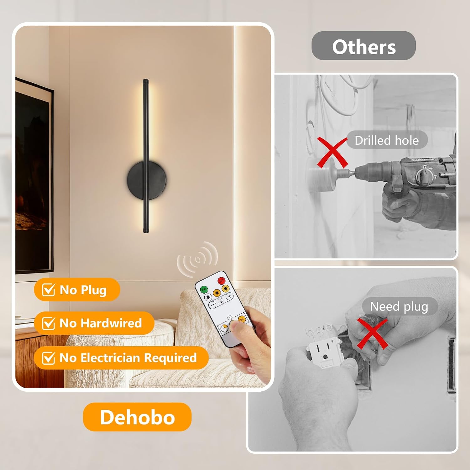 Thumbnail 1 de Dehobo Rechargeable Wall Lights (2 Pack) – Battery Operated, 3 Colour Temperature, Dimmable LED Wall Sconce with Remote, Black 40cm