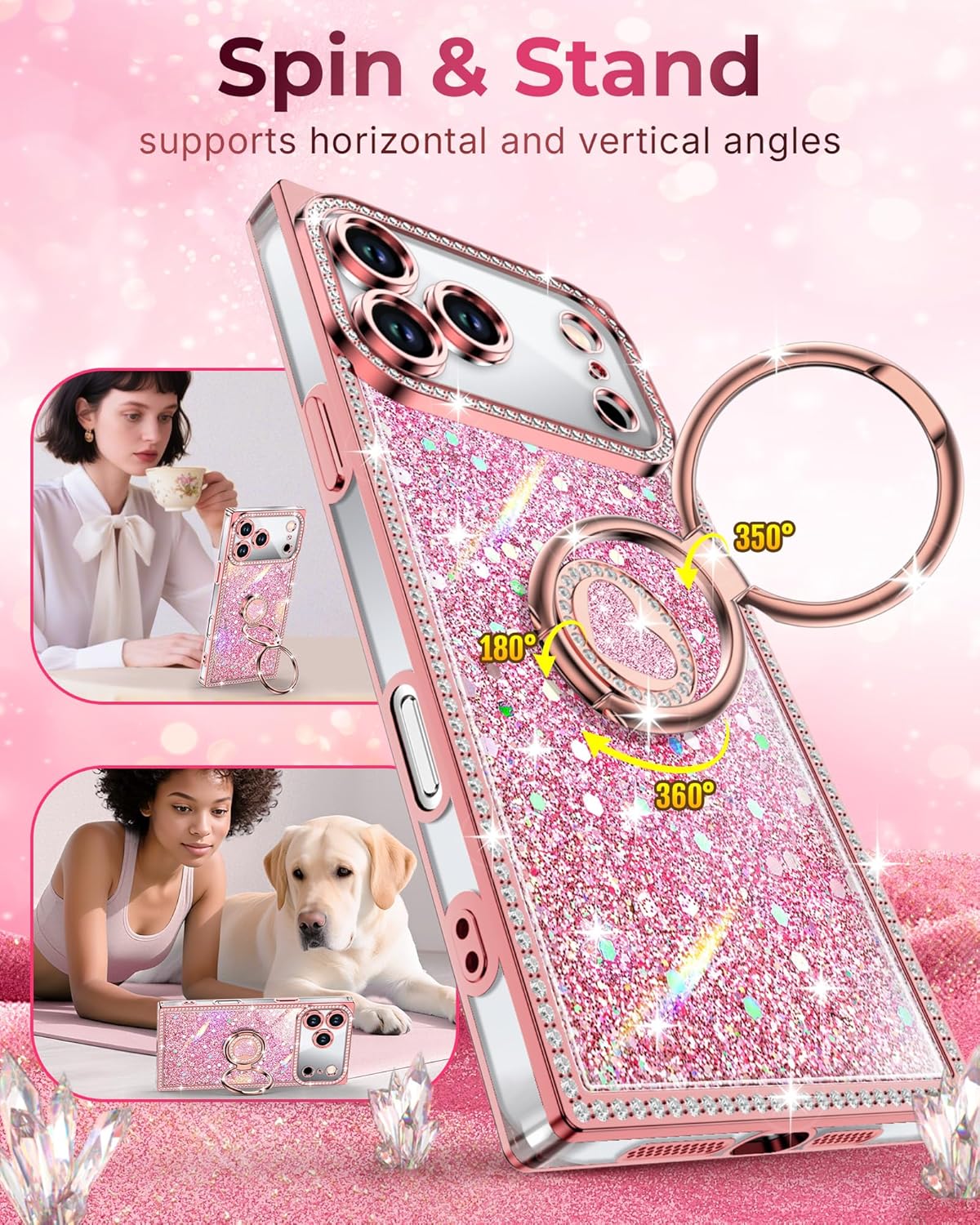 Detalle de XYZ Glitter Bling Case for iPhone 17 Pro Max – Pink with 2-Ring Heart Stand & Lanyard