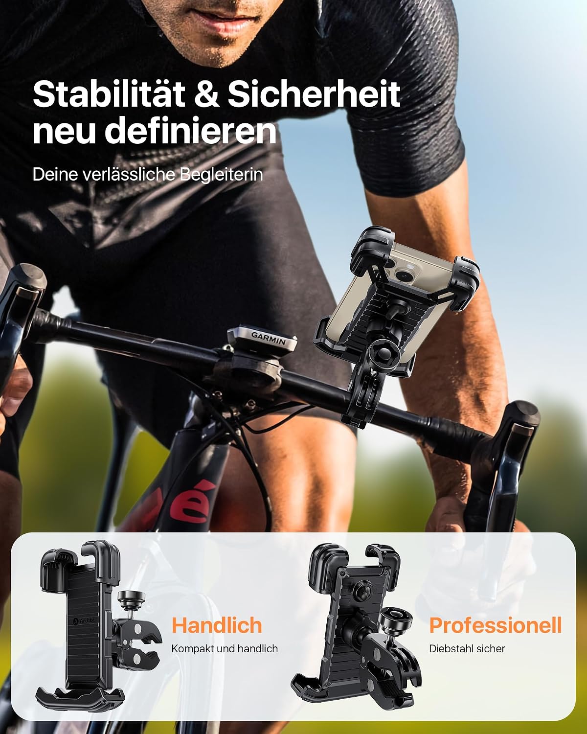 Detalle 2 de andobil Handyhalterung Fahrrad (Diebstahlschutz, 360° Drehbar) für iPhone 17/16/15/14/13 Pro Max