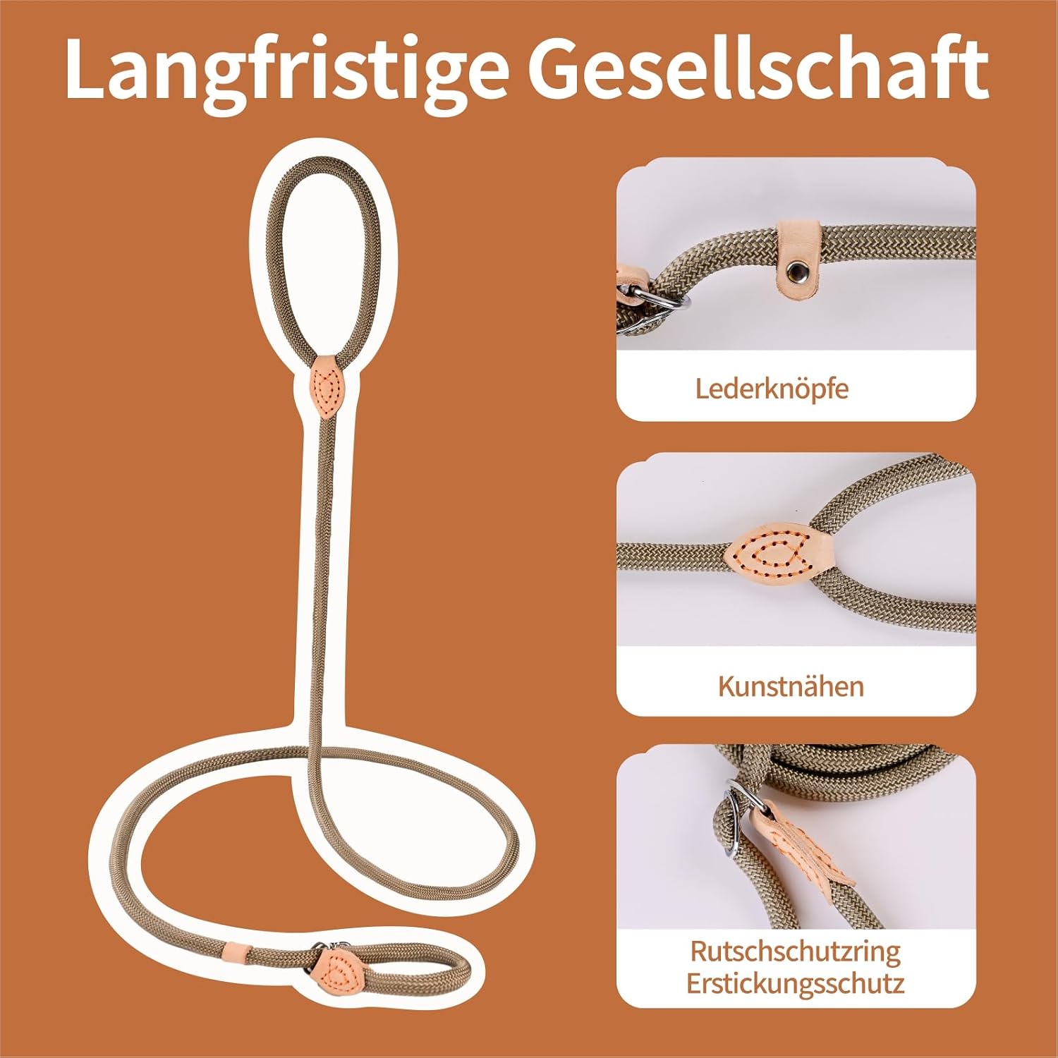 Detalle 2 de Retrieverleine mit Zugstopp, 180 cm – integriertes Halsband, wetterfest, verstellbar