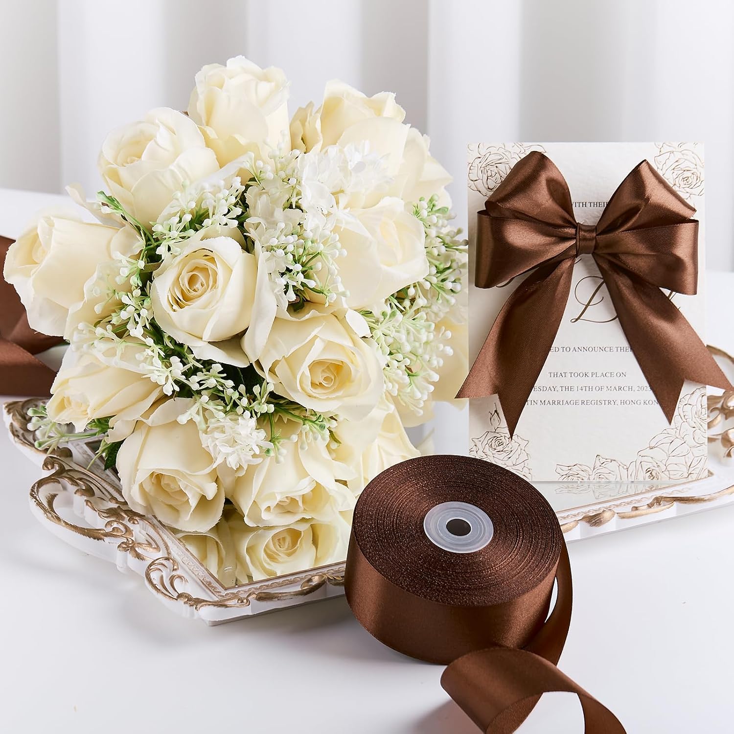 Detalle 2 de CLUEWR Brown Satin Ribbon, 1-1/2-Inch Wide, 50-Yard Roll