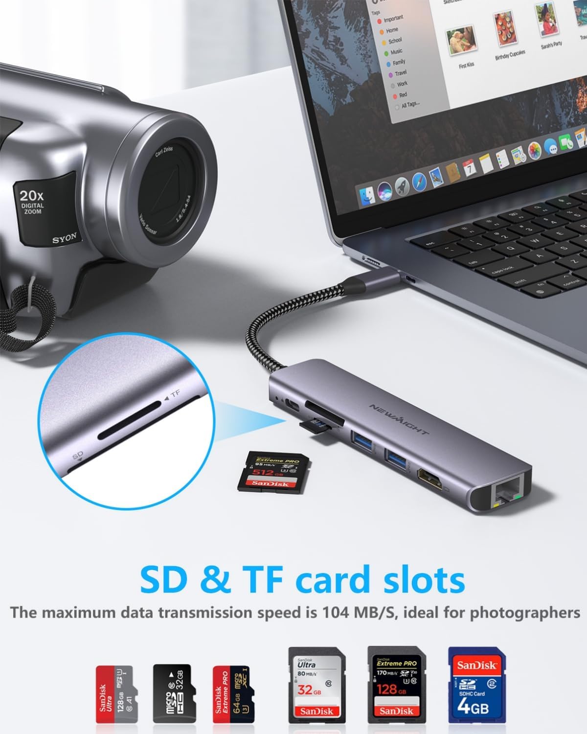 Detalle de Newmight Hub USB-C 7 en 1 avec HDMI 4K 30 Hz, Ethernet 1 Gbit/s, PD 100 W et lecteur SD/TF