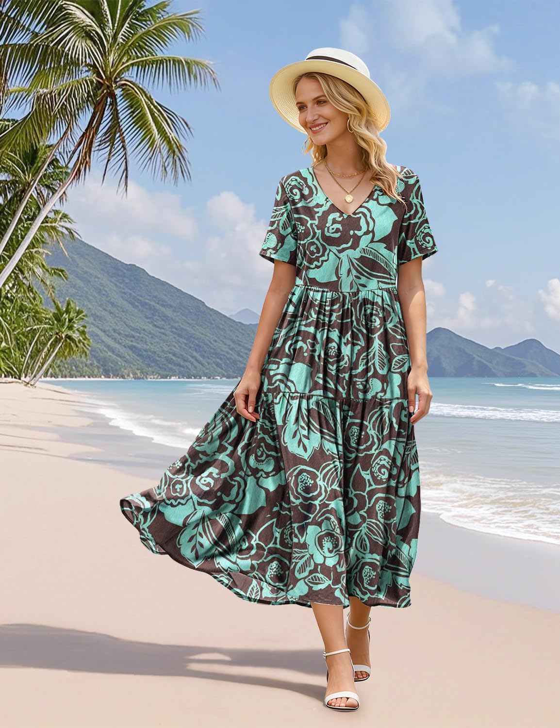 Thumbnail 4 de YESNO Women's Summer Maxi Dress: Floral Boho V-Neck with Pockets