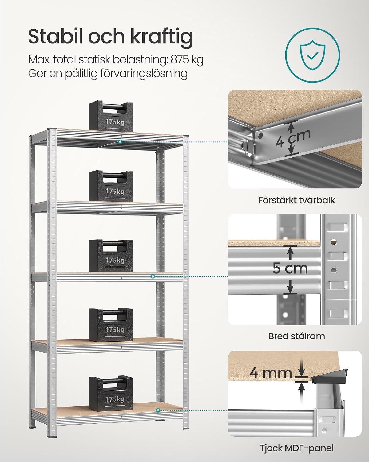Detalle 2 de SONGMICS COZORY GLR040E02 förvaringshylla med 5 justerbara hyllplan, 875 kg