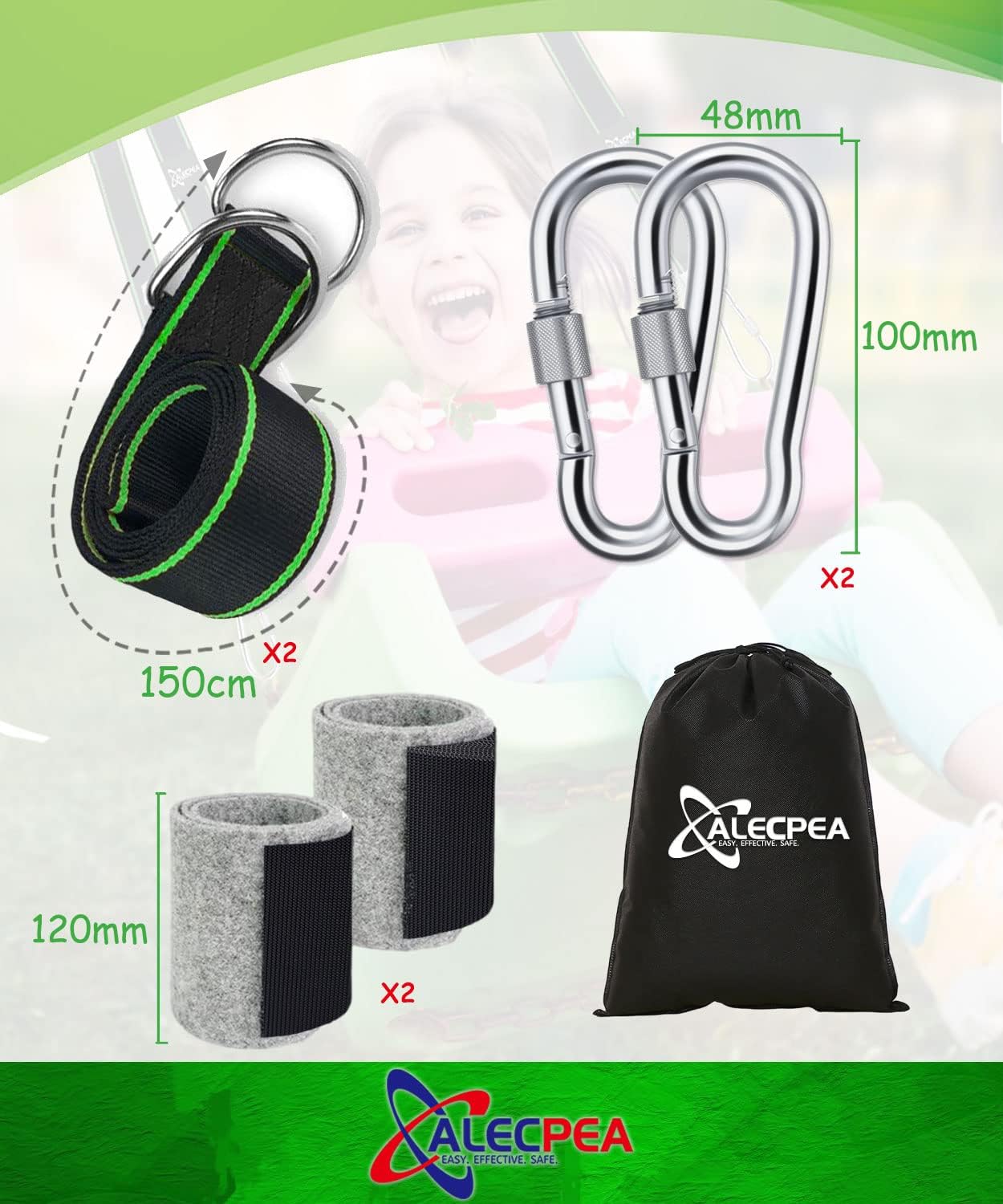 Detalle de ALECPEA 2er-Set Schaukelbefestigung für Hängematten – Nylon-Gurte, Schwerlast-Karabiner und D-Ringe