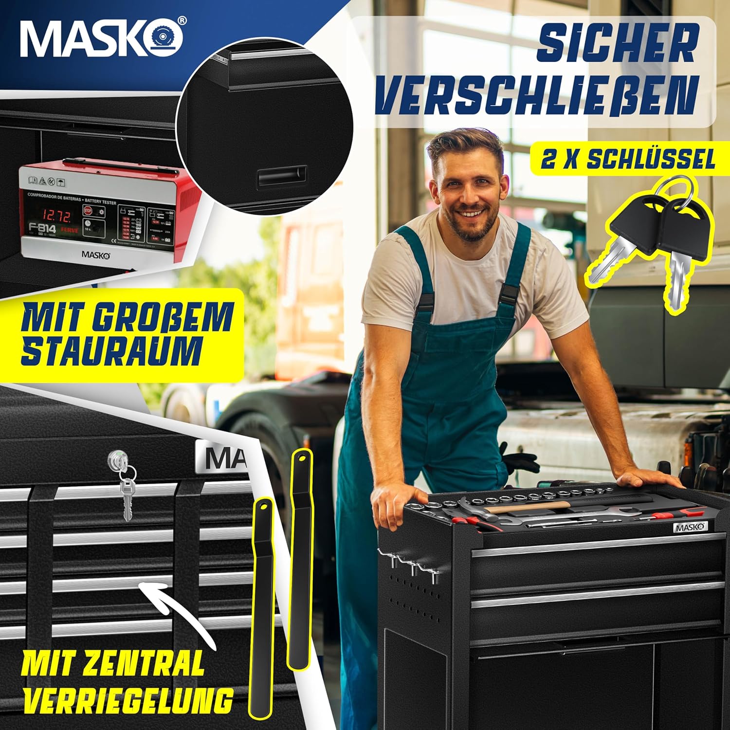 Thumbnail 4 de MASKO Werkstattwagen inkl. Koffer mit Schloss – 9 Fächer, abschließbar, Rollwagen zur Werkzeugaufbewahrung