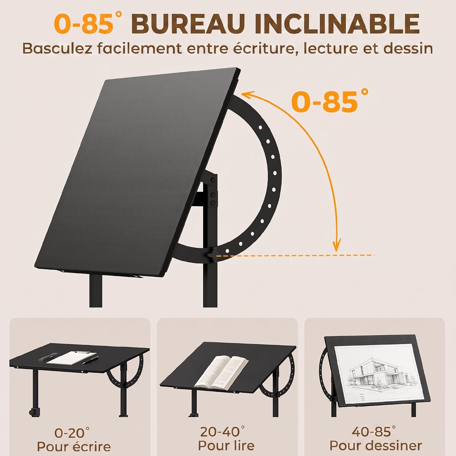 Detalle de HOMCOM 836-746V00BK tekentafel, kantelbaar tot 85° en verstelbaar in hoogte