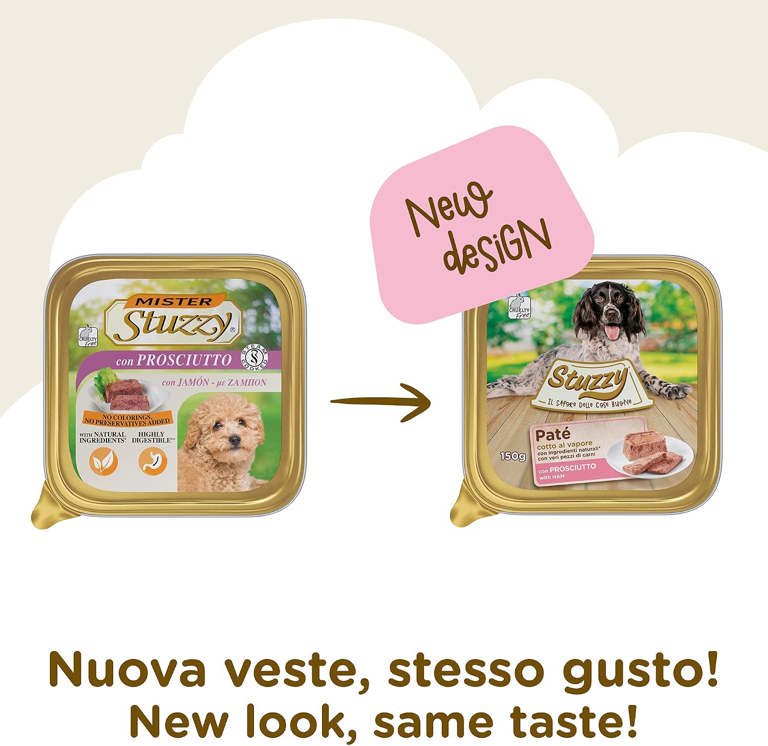 Thumbnail 1 de Stuzzy Cibo Umido per Cani Adulti al gusto Prosciutto, Paté e Carni in Pezzi – Totale 3,3 Kg (22 Vaschette da 150 g)