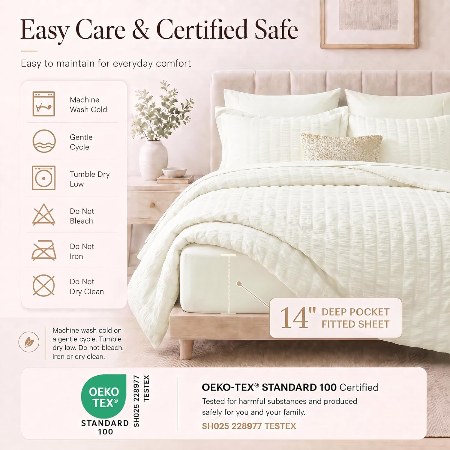 Detalle de CozyLux California King Comforter Set with Sheets (7 Pieces) – Ivory Seersucker, Down Alternative Comforter