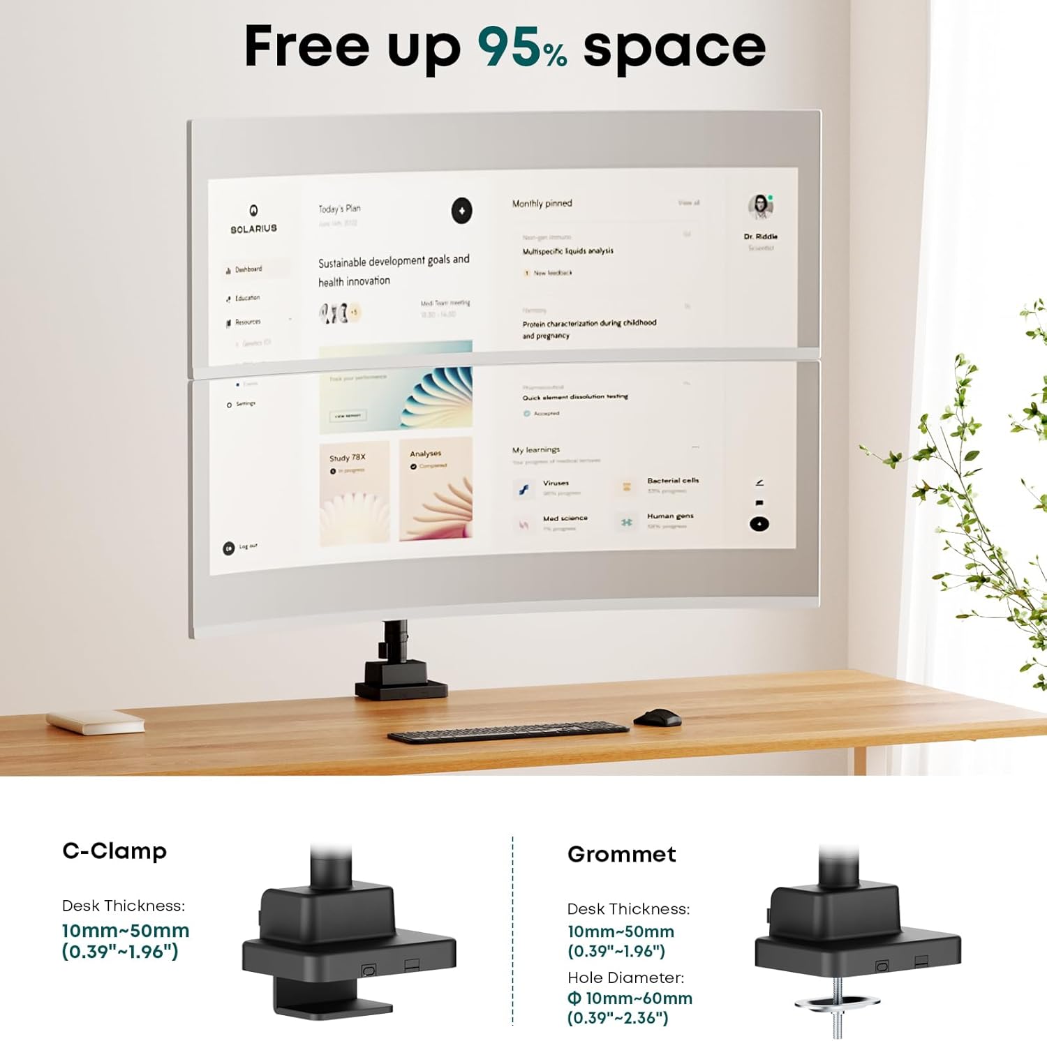 Thumbnail 4 de Dual Monitor Arm Heavy Duty (24–57in) – Aluminium stacked mount, fully adjustable vertical stand, VESA 75/100/200mm, black