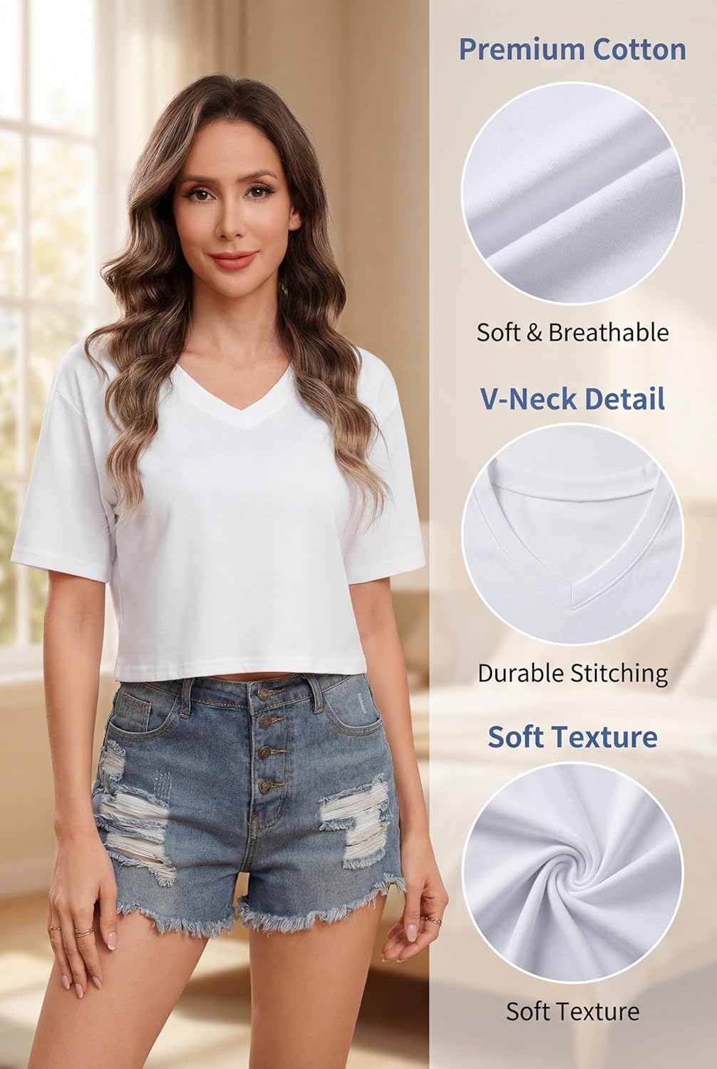 Detalle 2 de Jahetuul Damen T-Shirt Kurzarm mit V-Ausschnitt – Lockeres Basic Shirt für Alltag und Freizeit