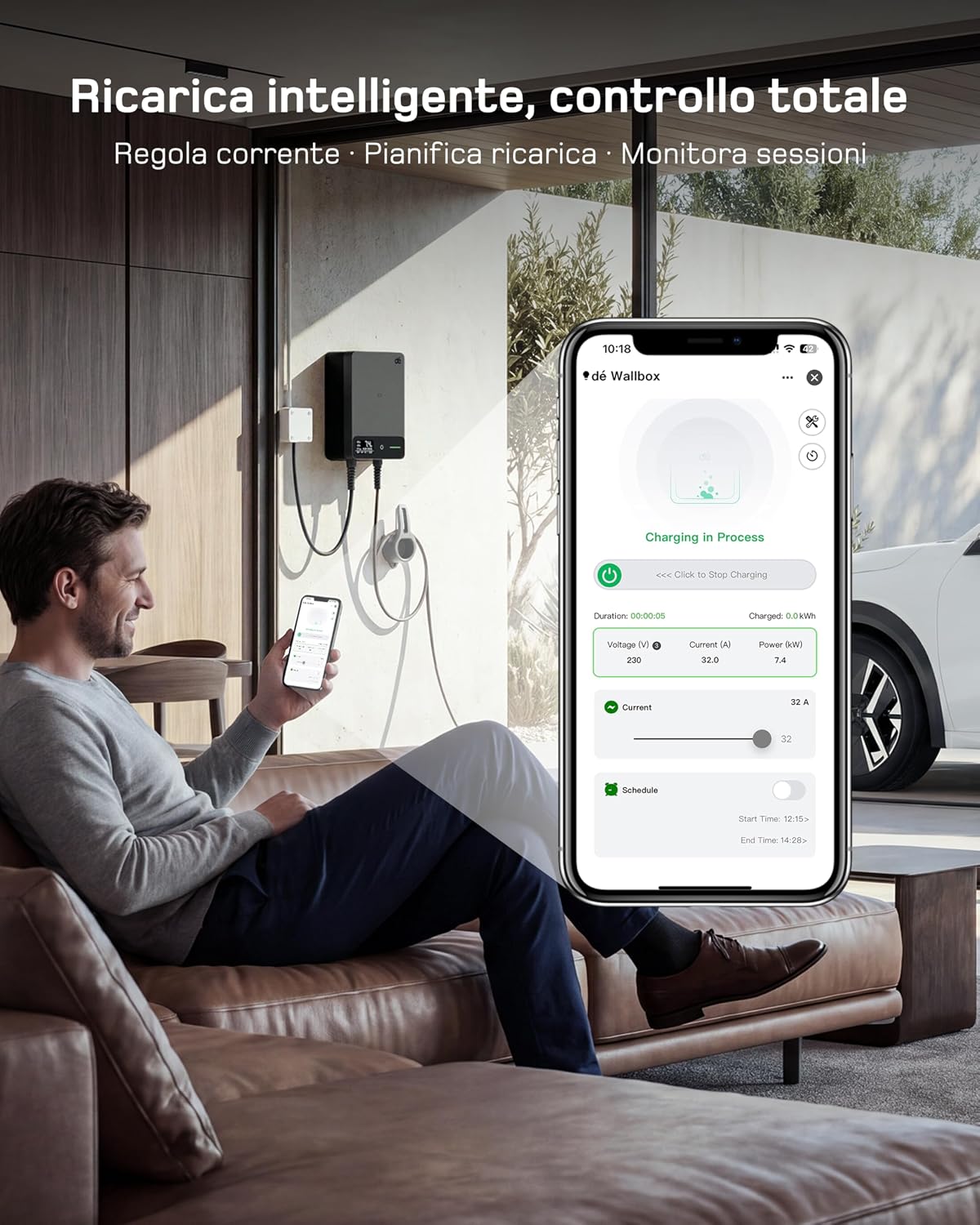 Detalle de Dé Wallbox 7,4 kW Tipo 2 con App e Cavo 10 m: ricarica domestica monofase affidabile
