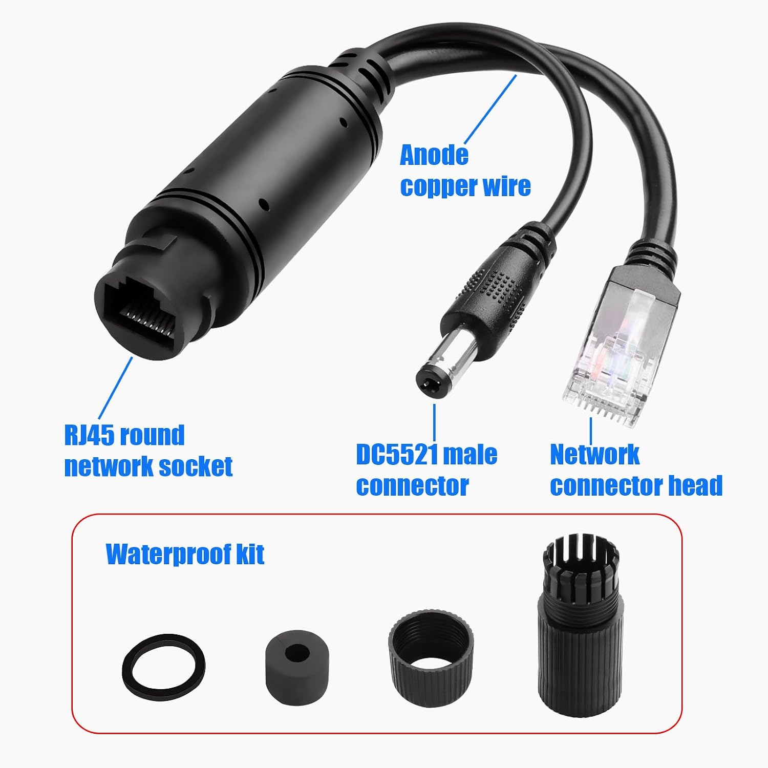 Detalle de TIENFOKOTA PoE Splitter Adapter – 12V Output from 44–57V PoE Input (IEEE 802.3af/at), IP55 Outdoor Ready