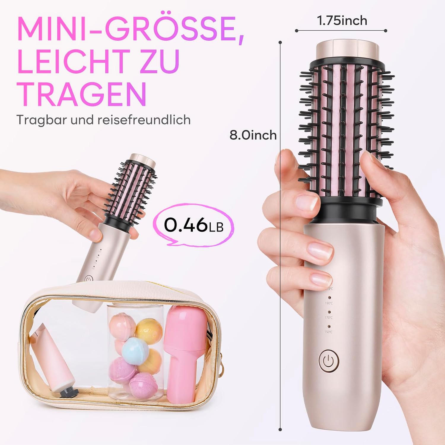 Detalle 2 de Kabellose Lockenstabbürste, Tragbare Reise-Lockenstab-Minibürste für Frauen – 7000 mAh, USB aufladbar, negative Ionen, Rosa