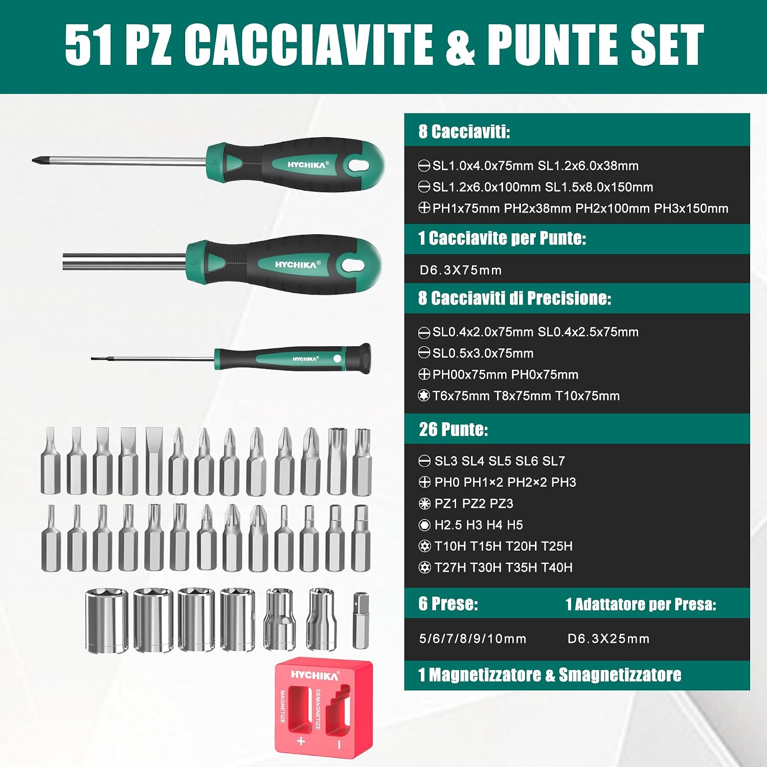 Detalle 2 de HYCHIKA 51 Pezzi Set Cacciaviti Professionali: kit completo per DIY, precisione e uso domestico