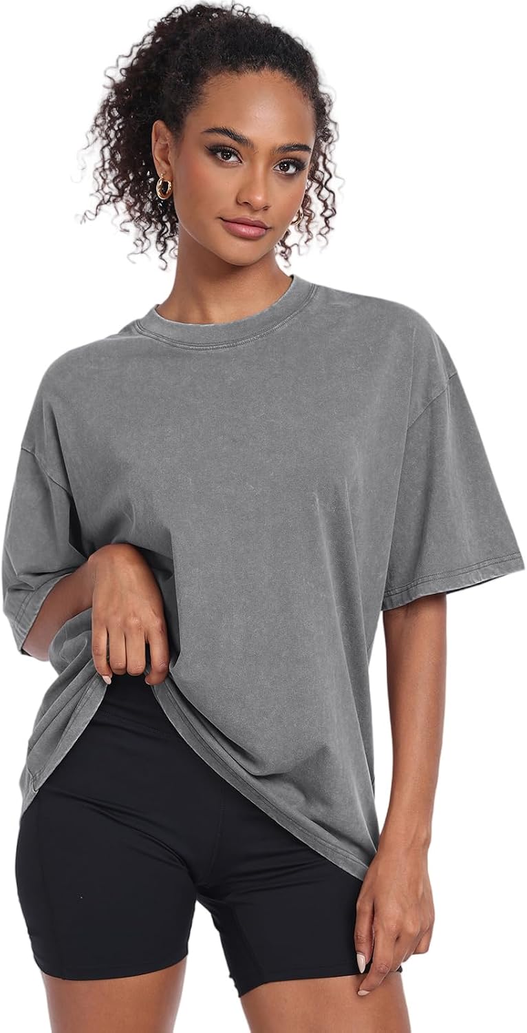 Detalle de KEEPSHOWING Vintage Oversized Cotton T-Shirt, Acid-Washed, Short Sleeve