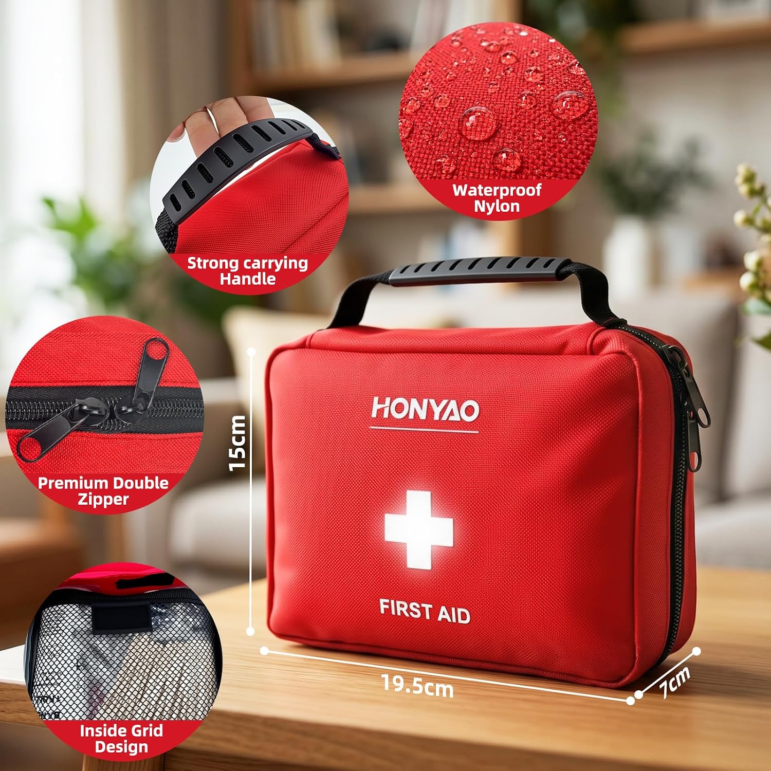 Detalle de HONYAO First Aid Kit 220 Pcs with Premium Waterproof Nylon Shell