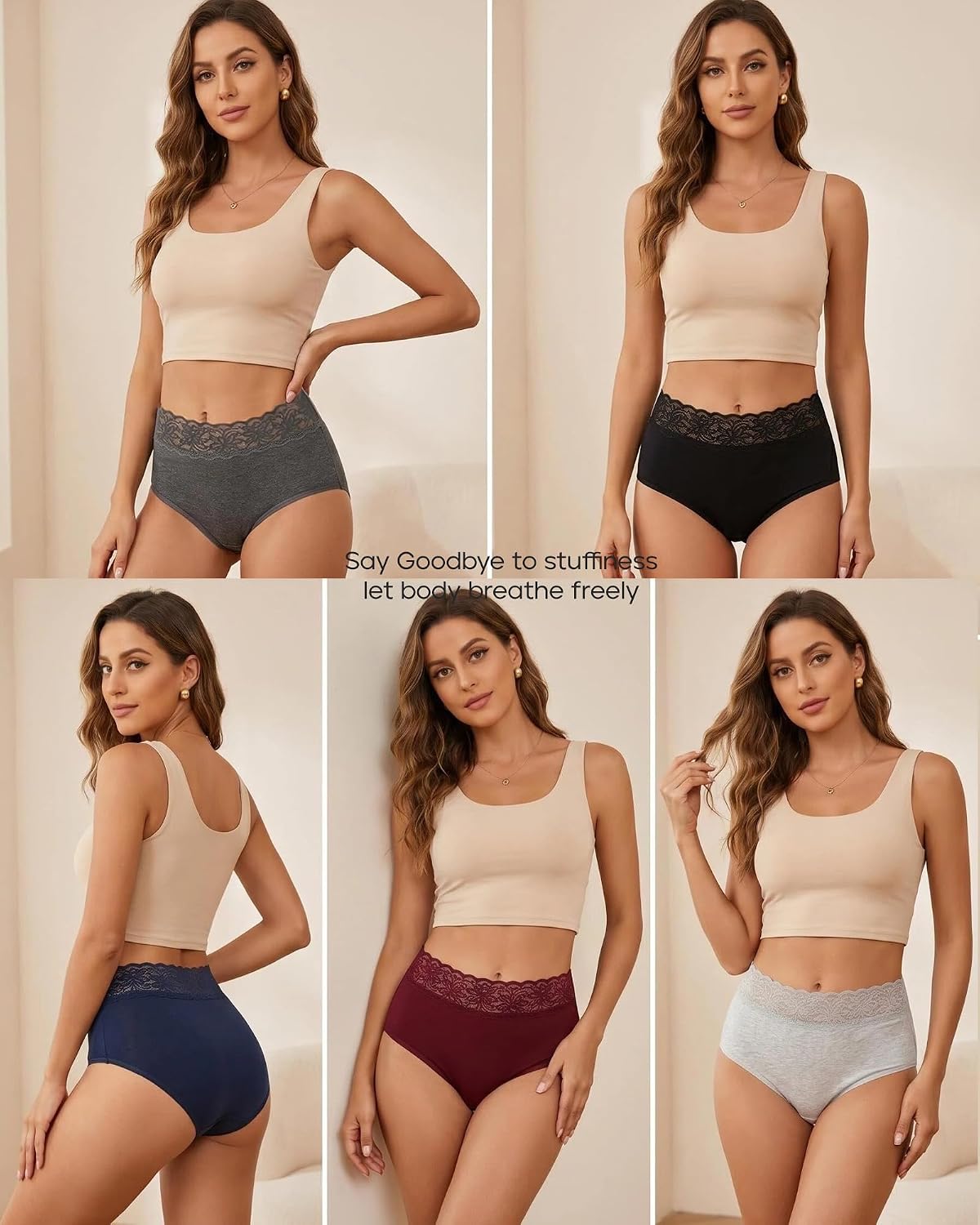 Detalle 2 de ALTHEANRAY High-Waisted Cotton Lace Panties, Full-Coverage Brief